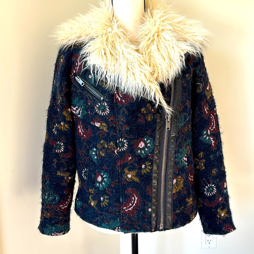Free People Multi Color Jacket with Fur Collar Size XS